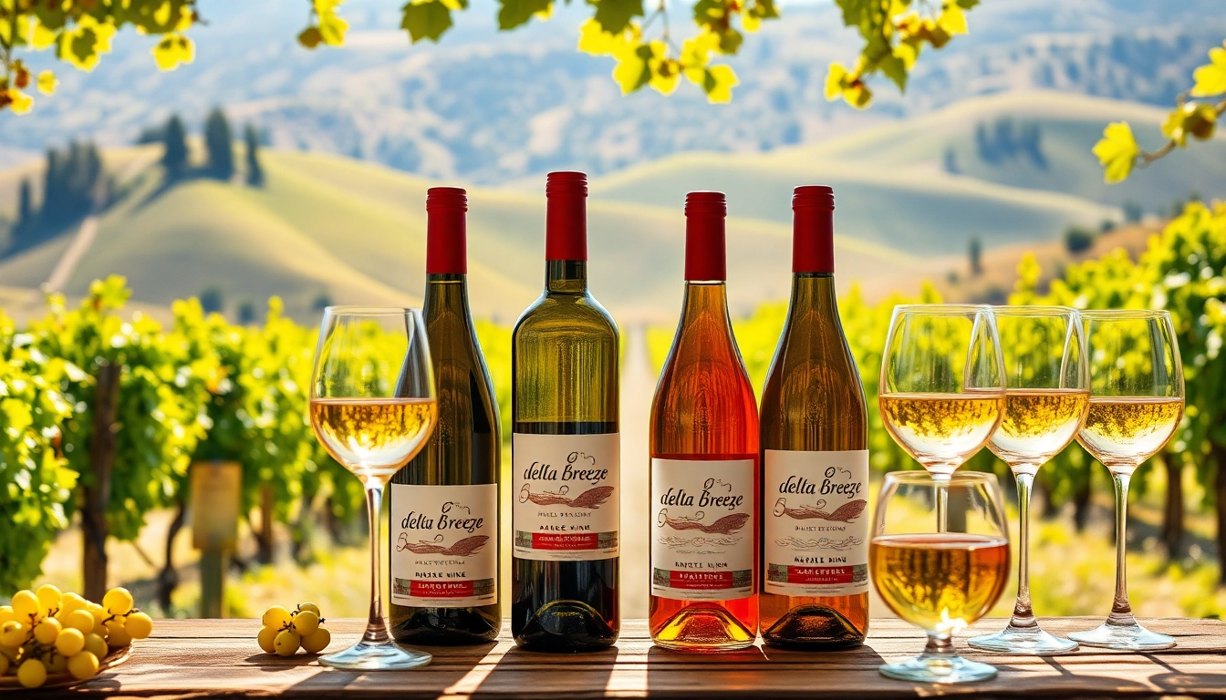 Indulge in Delta Breeze Wine California, featuring picturesque bottles set against a vibrant vineyard.