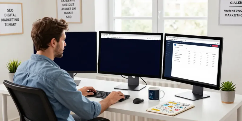 Instant indexing strategies in a modern SEO workspace, featuring monitors with data analysis tools.