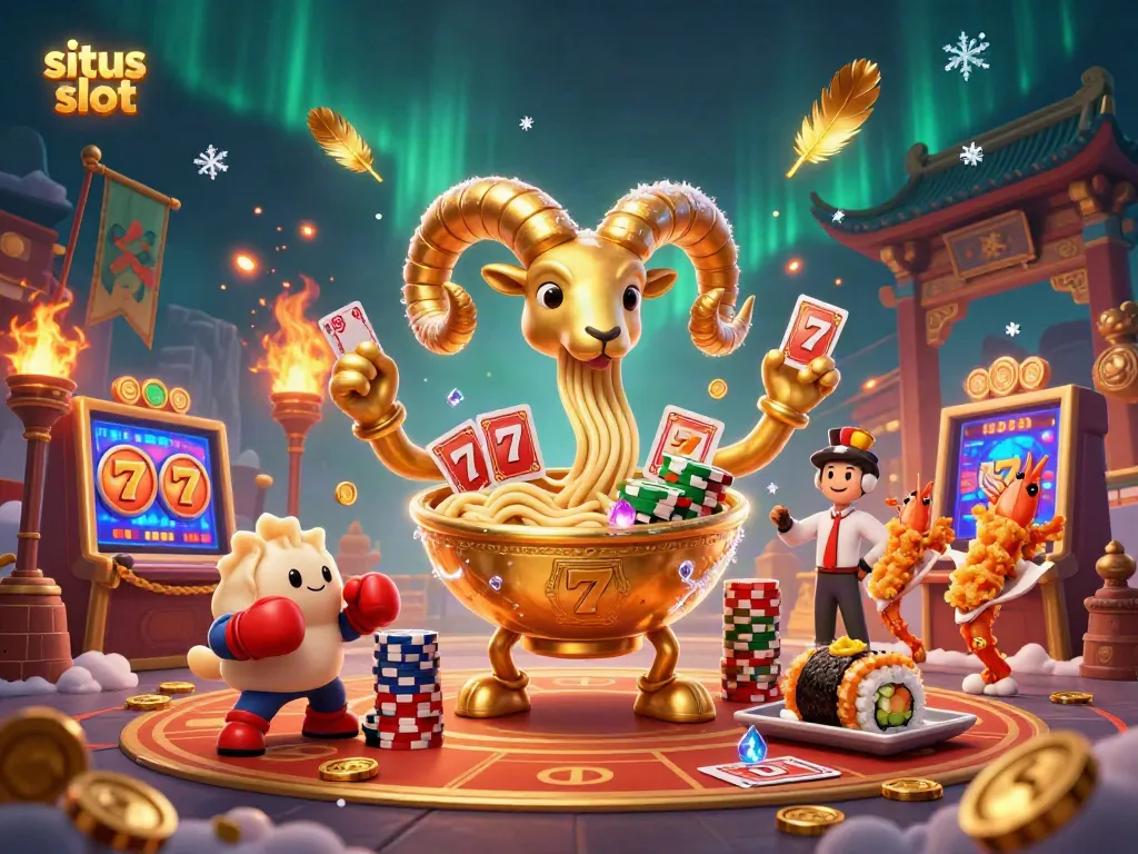 Menghadapi situs slot dan menikmati permainan dalam ilustrasi 3D kartun penuh warna dengan elemen kasino yang kaya.