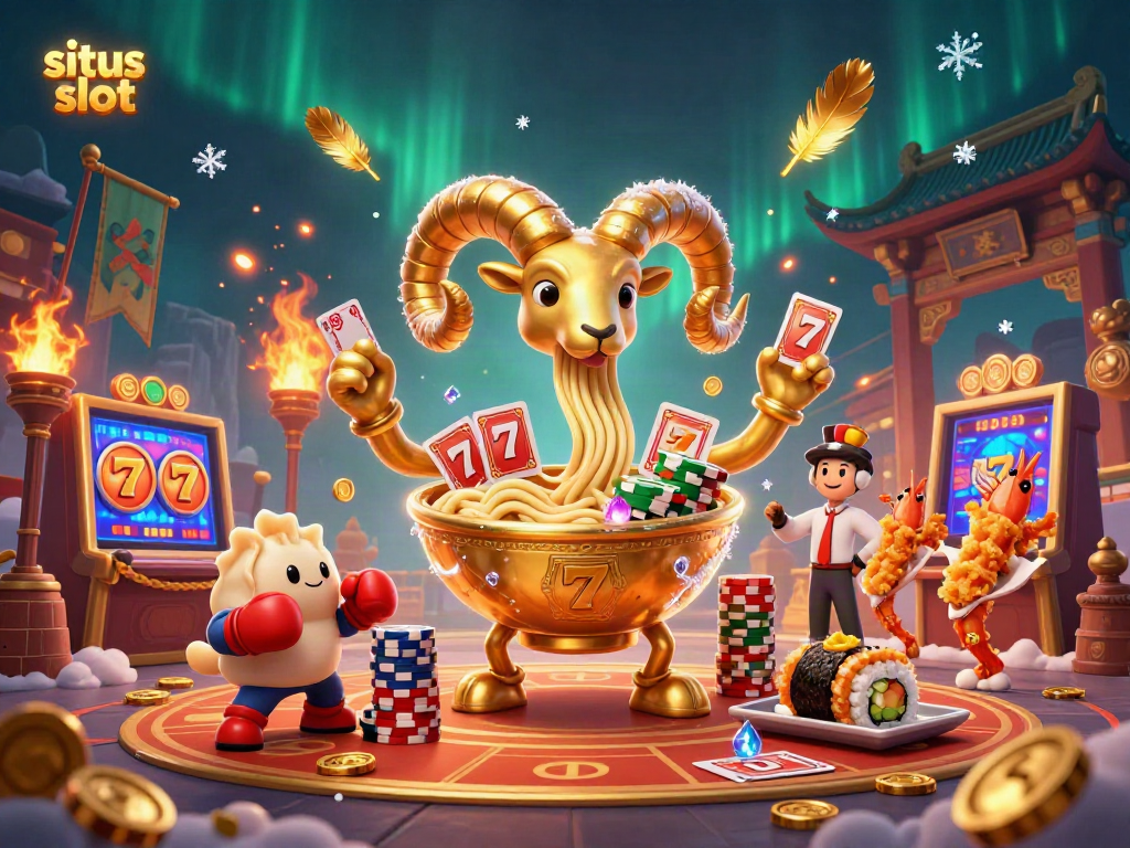 Menghadapi situs slot dan menikmati permainan dalam ilustrasi 3D kartun penuh warna dengan elemen kasino yang kaya.