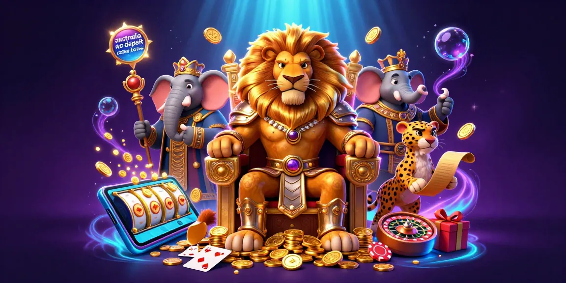 australia no deposit casino bonuses highlighted with a vibrant 3D scene featuring a lion king, elephant, and cheetah amidst dynamic casino elements.