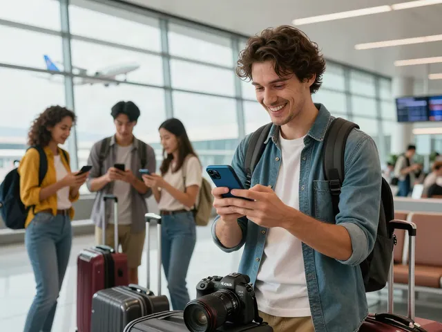 תייר מחובר ל-Esim לחו"ל בשדה תעופה, משתמש בטלפון חכם עם חבילות גלישה סביבו