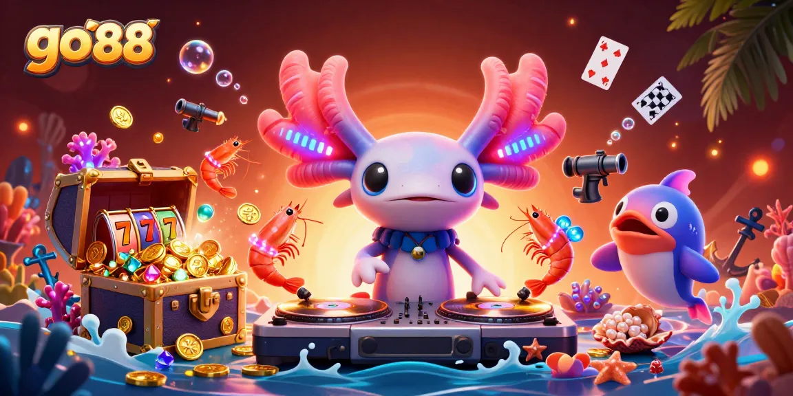 Experience the thrill of go 88 with a neon axolotl DJ spinning casino-themed visual delights.