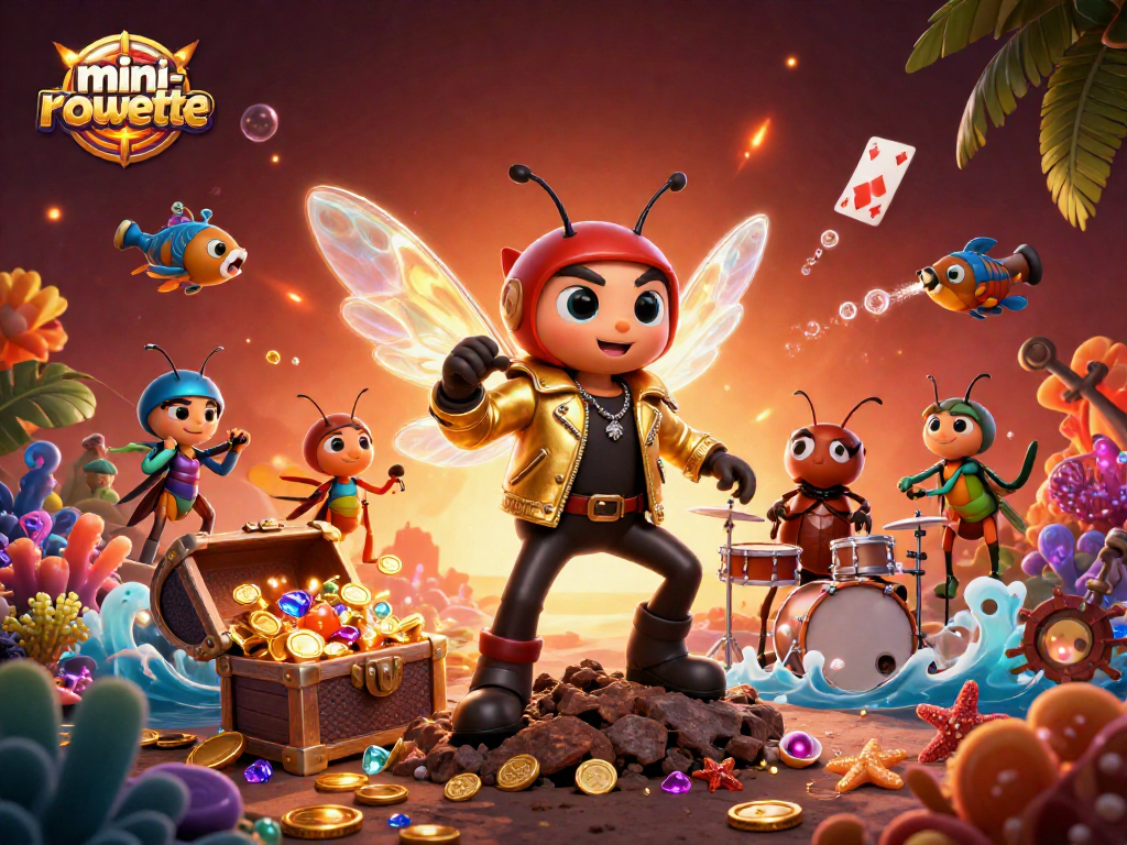 Experience the thrill of mini-roulette with a vibrant, playful 3D casino scene featuring a rock star cicada.
