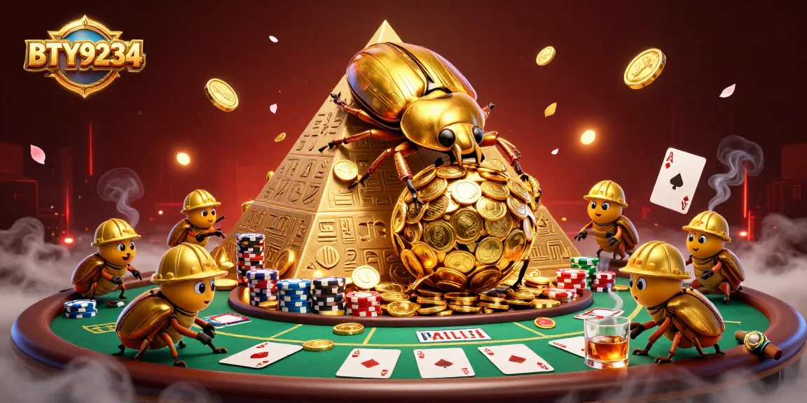 Engage with BTY9234 as a golden dung beetle rolls coins in a vibrant casino scene.