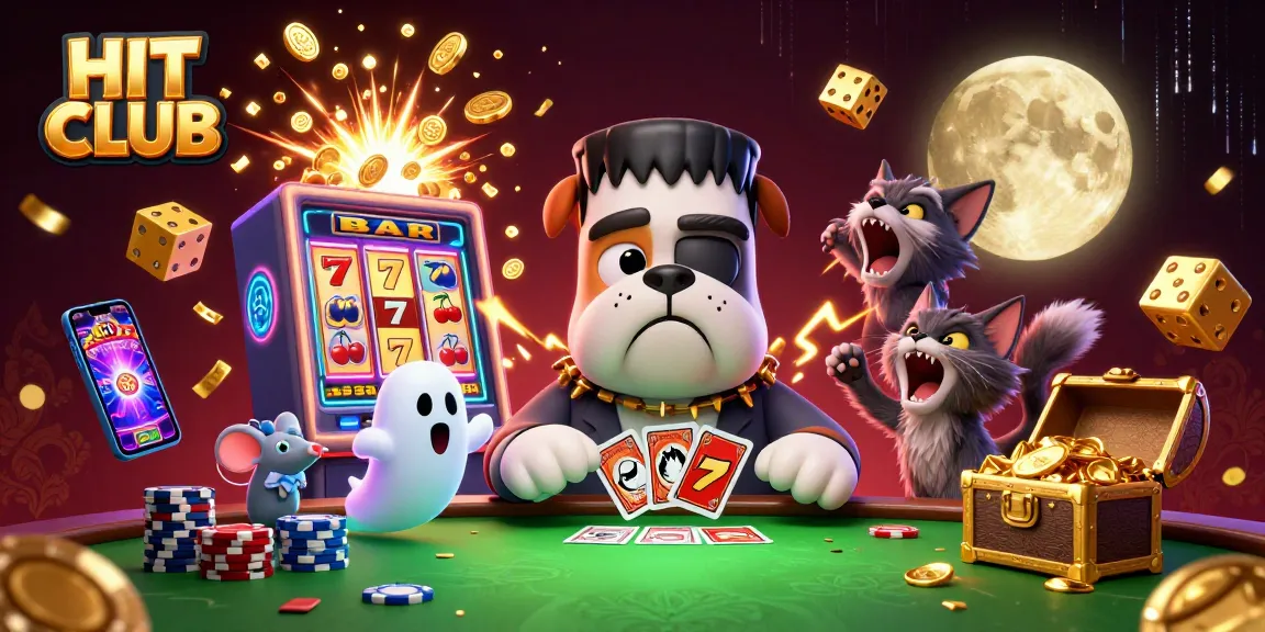 Join the HIT CLUB with winnings at a lively casino scene featuring captivating characters and rich gaming elements.