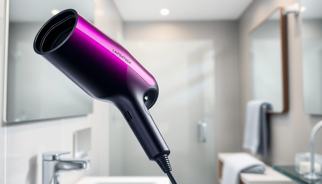 Laifentech electric hair dryer showcased in a bright modern bathroom environment.