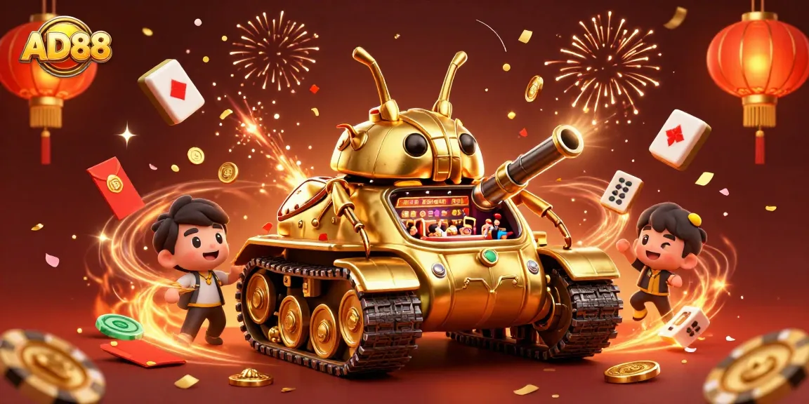 Experience the thrill of AD88 with a vibrant casino scene inside a golden beetle tank.