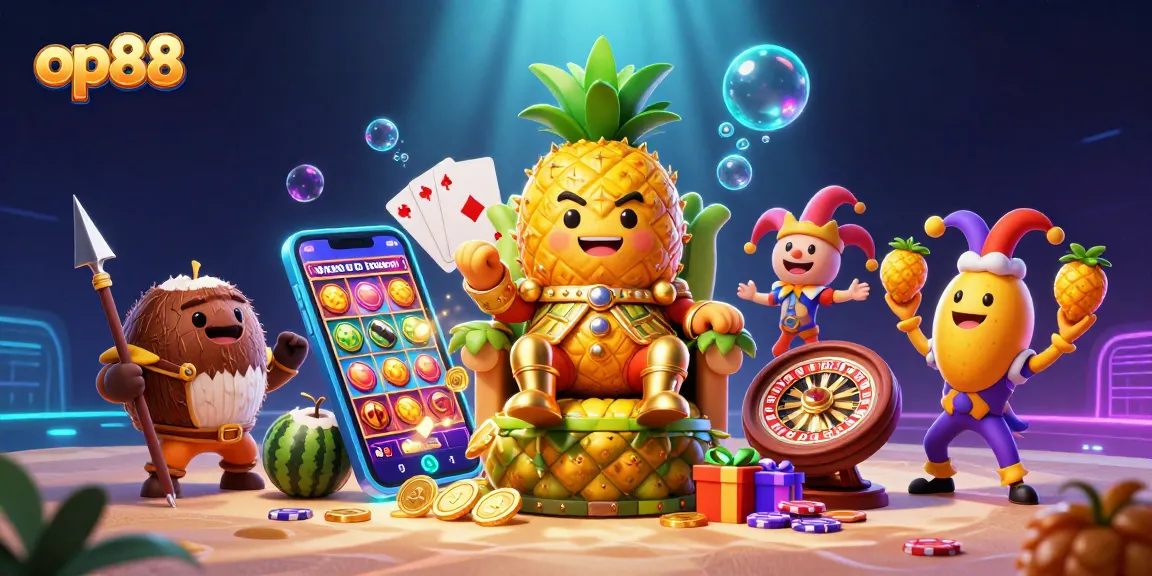 Gamble dynamically with op88 as the golden pineapple king presides over a beach casino adorned with vibrant gaming elements.