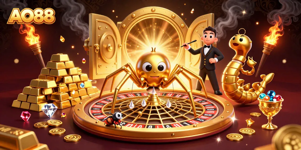 Experience thrilling gaming action with AO88's vibrant casino scene filled with gold, jewels, and excitement.