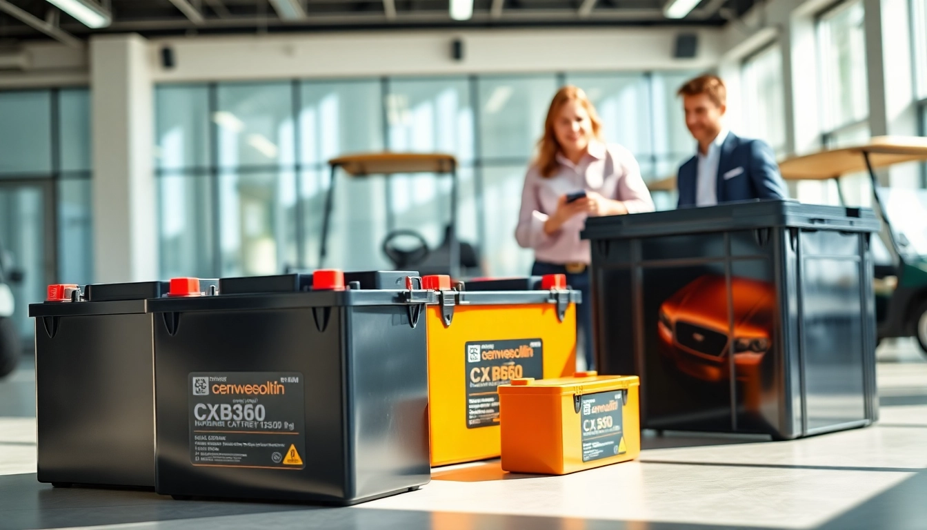 Showcasing lithium golf cart batteries in a bright showroom with enthusiastic customer and representative