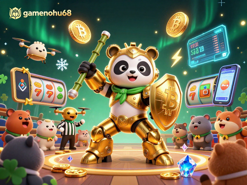 Engage with gamenohu68 in a vibrant 3D casino scene featuring a golden panda in a mech-suit and rich crypto elements.