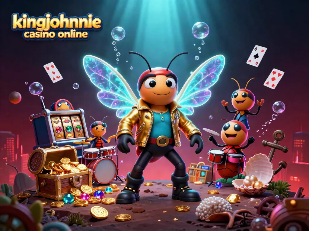 Immerse in kingjohnnie casino online with our vibrant 3D cartoon scene featuring a cicada rock star and slot games.