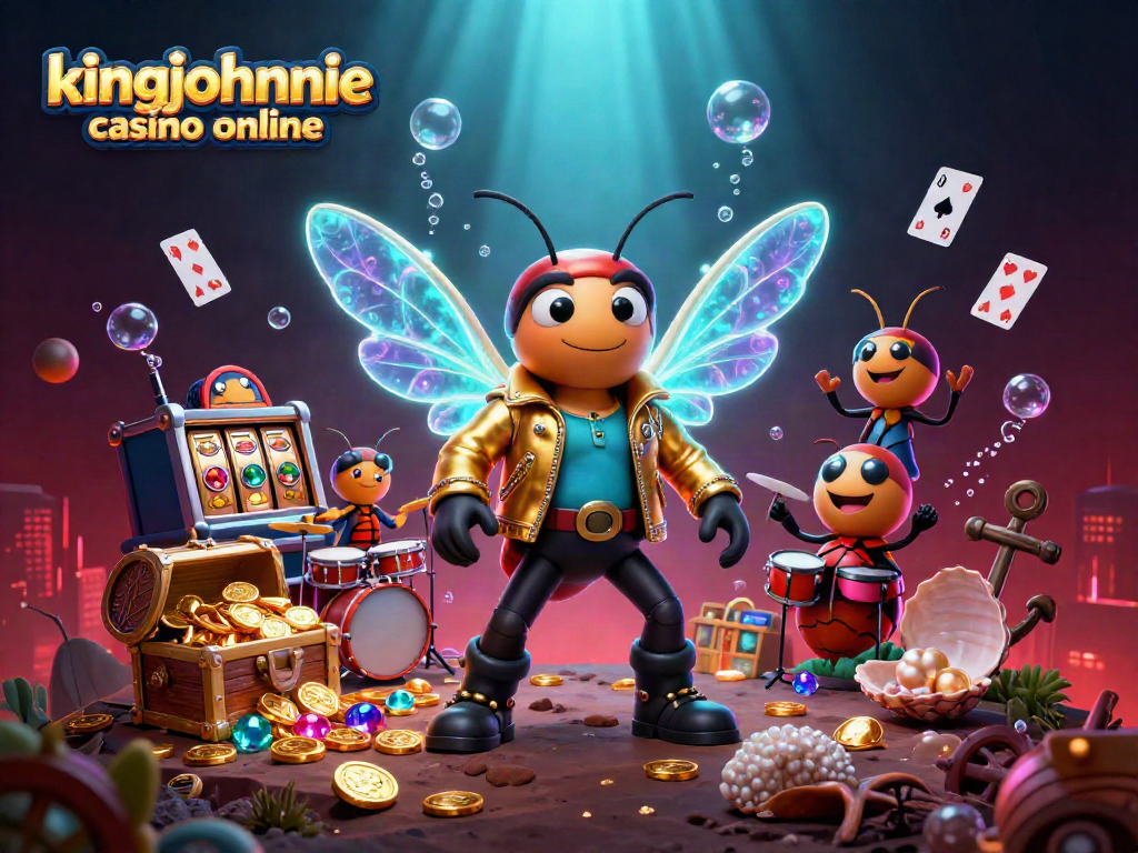 Immerse in kingjohnnie casino online with our vibrant 3D cartoon scene featuring a cicada rock star and slot games.