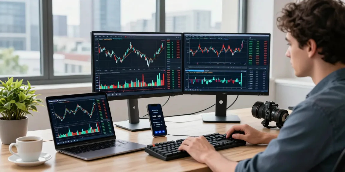 Trader utilizing MetaTrader 5 software in a contemporary workspace with multiple screens and market analysis tools.