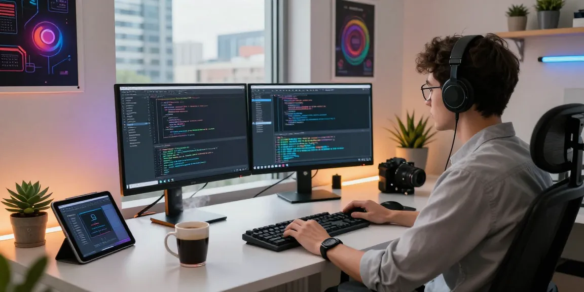Software developer coding at a stylish workspace, showcasing the innovative spirit of 456bd in action.