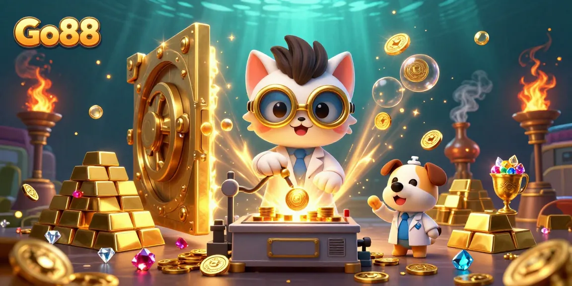 Experience exciting gaming with Go88 at the vibrant online casino, surrounded by winning treasures and dynamic scenes.