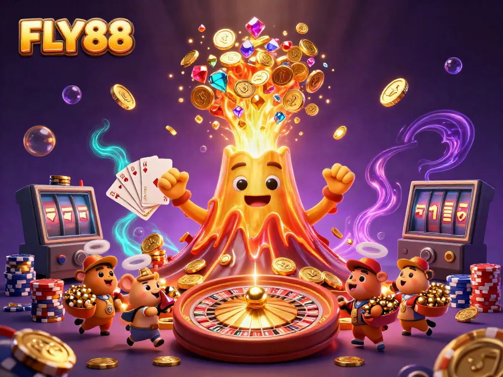 FLY88 unlocks winnings with a vibrant casino scene featuring a golden volcano and treasure.