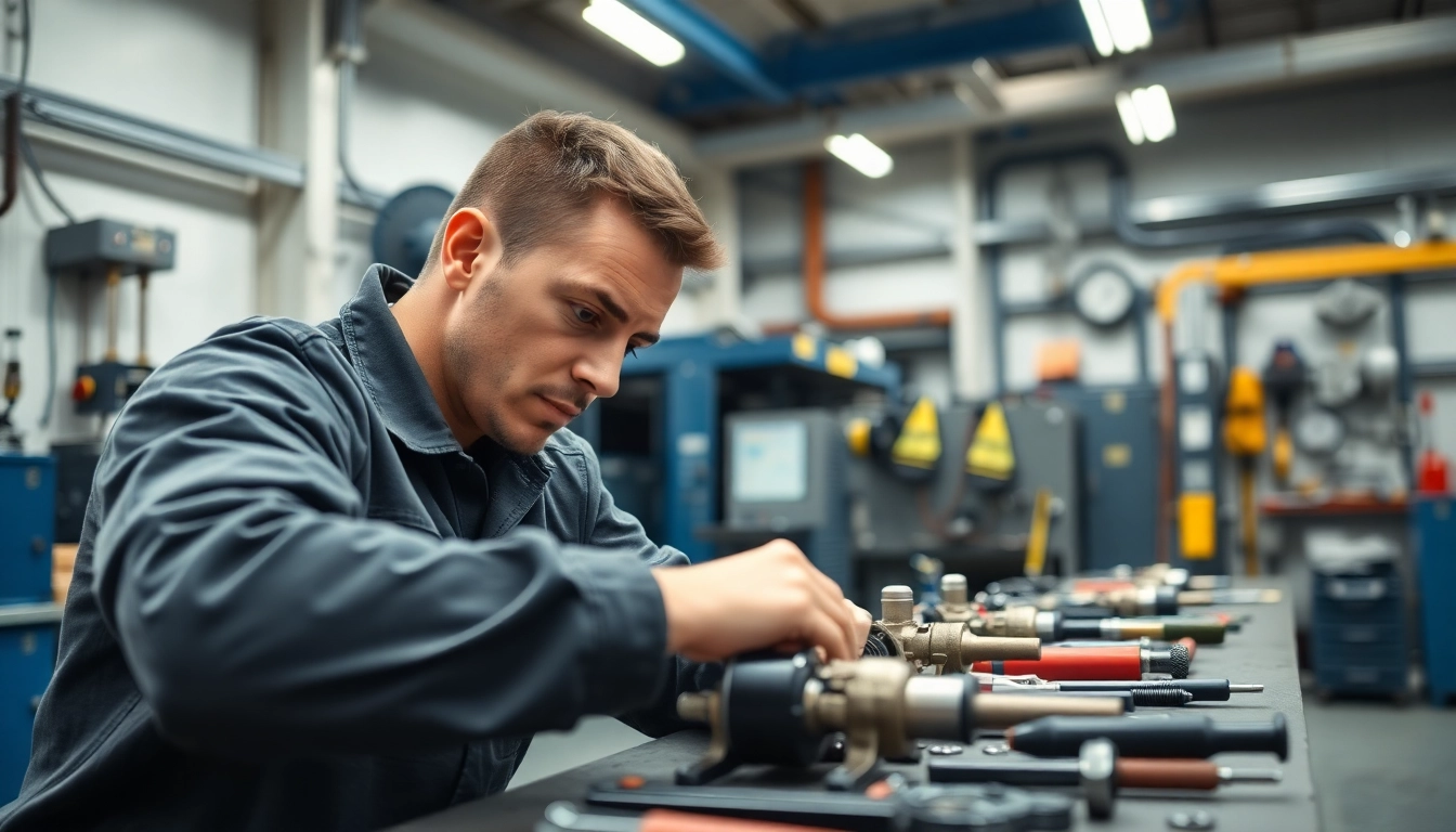 Technician engaged in on-site hydraulic repair, showcasing tools and equipment.