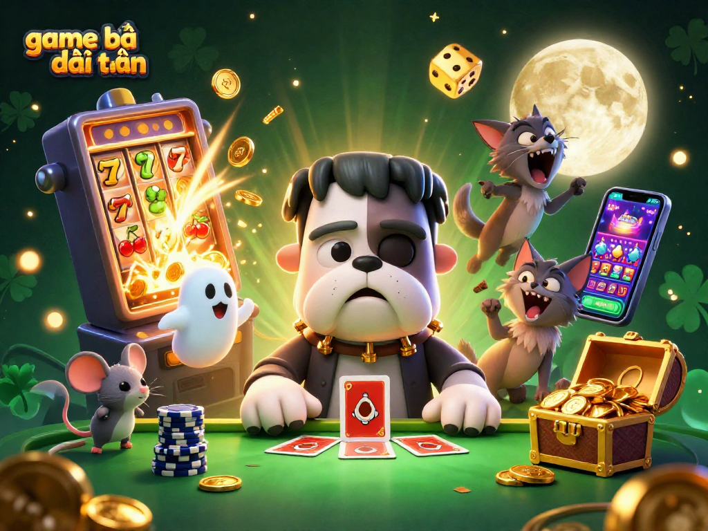 Win at game bài đổi thưởng with a spooktacular casino scene featuring a Frankenstein bulldog dealer.