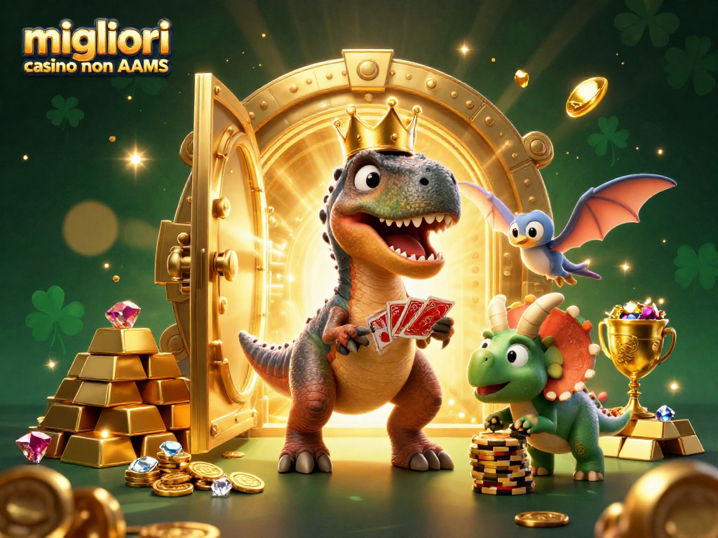 I migliori casino non AAMS mostrano un T-Rex e un pterodattilo mentre distribuiscono carte tra pile di chips dorati.