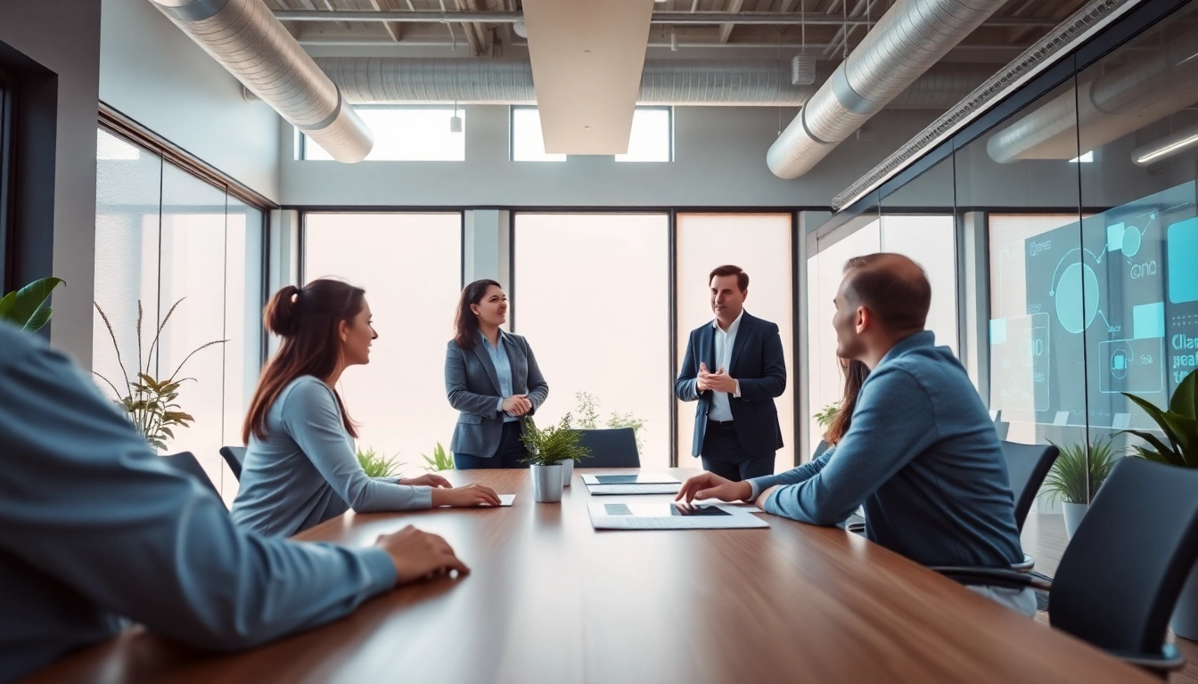 Marketing director leading a dynamic team discussion in a vibrant office setting