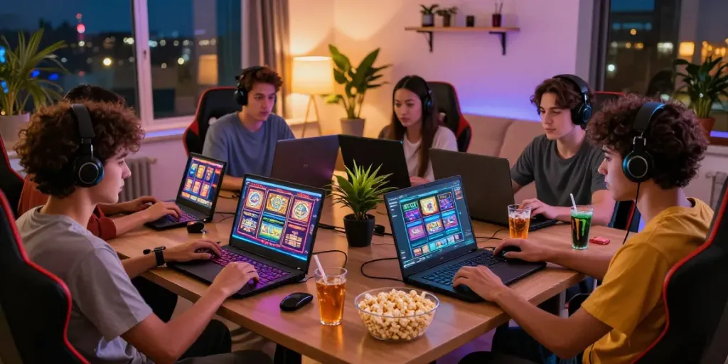 Group enjoying slot games online in a cozy modern room