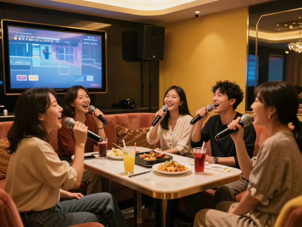 달토에서 즐겁게 노래 부르는 손님들, 고급스러운 가라오케 분위기