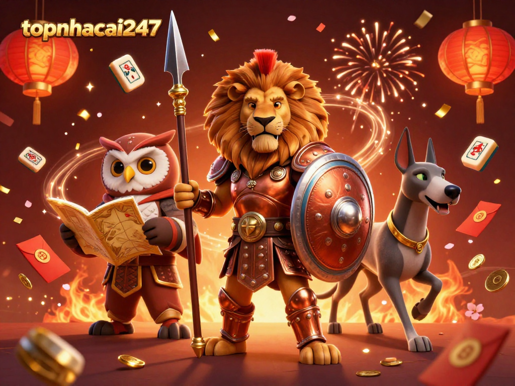 topnhacai247 showcases an exciting casino scene with a heroic Spartan lion, tactical owl, and swift greyhound amidst festive elements.