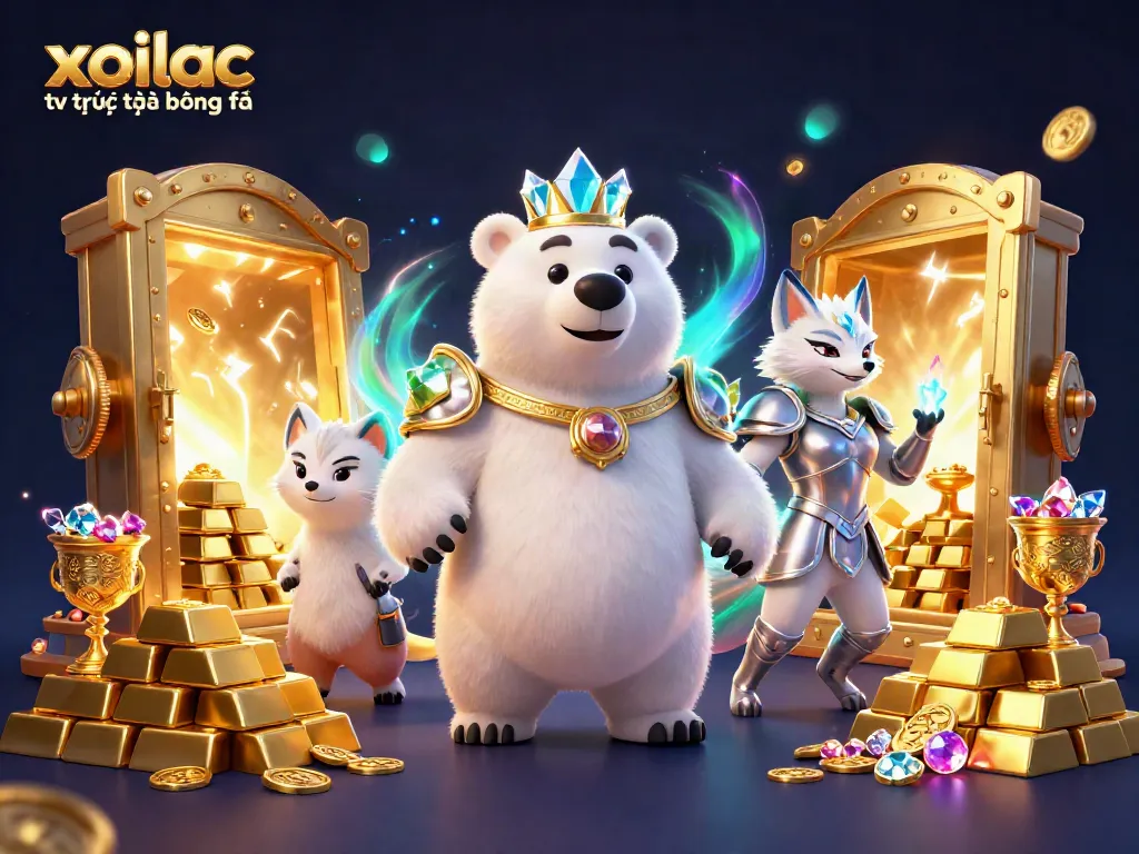 Xoilac tv trực tiếp bóng đá showcasing a polar bear and snow fox in a dynamic sports betting scene among gold treasures.