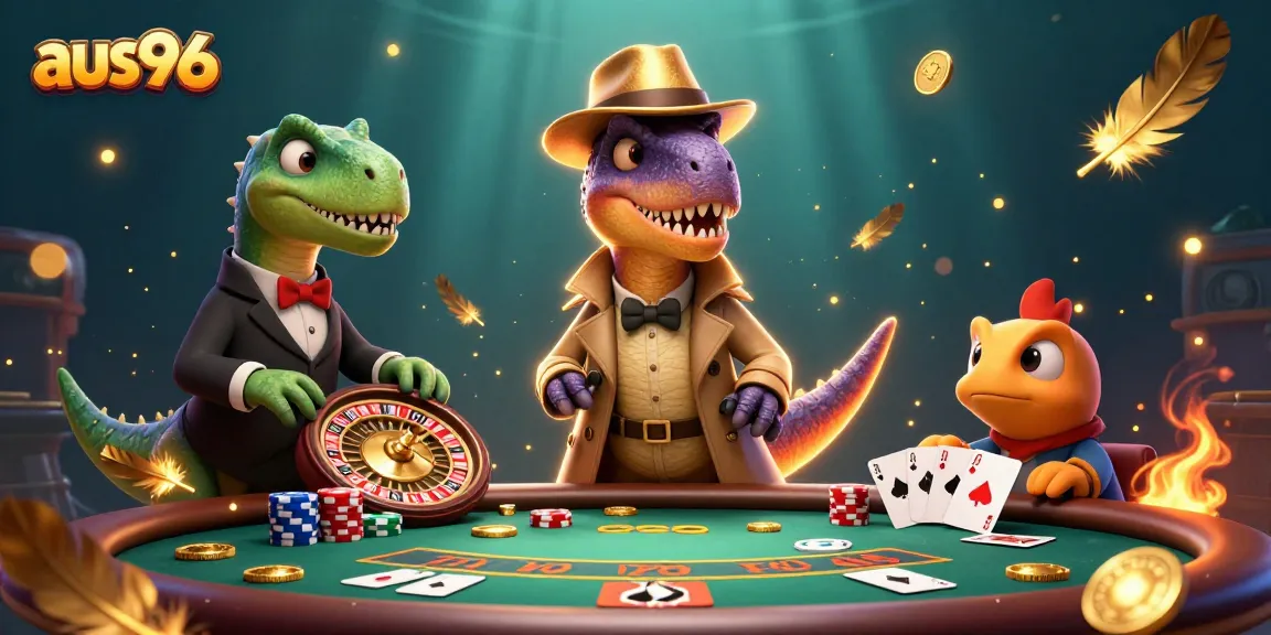 Engage in thrilling blackjack strategies with aus96's cartoon velociraptor and loyal pit boss.