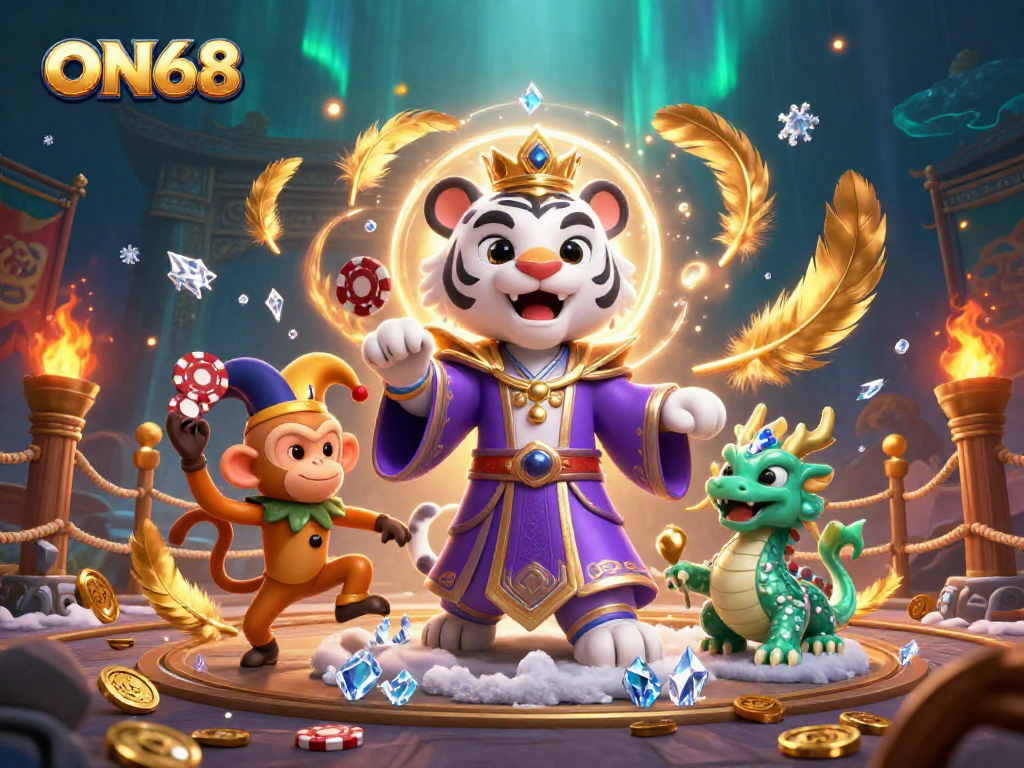 Engage with ON68's vibrant online casino experience featuring a royal tiger and jester monkey.