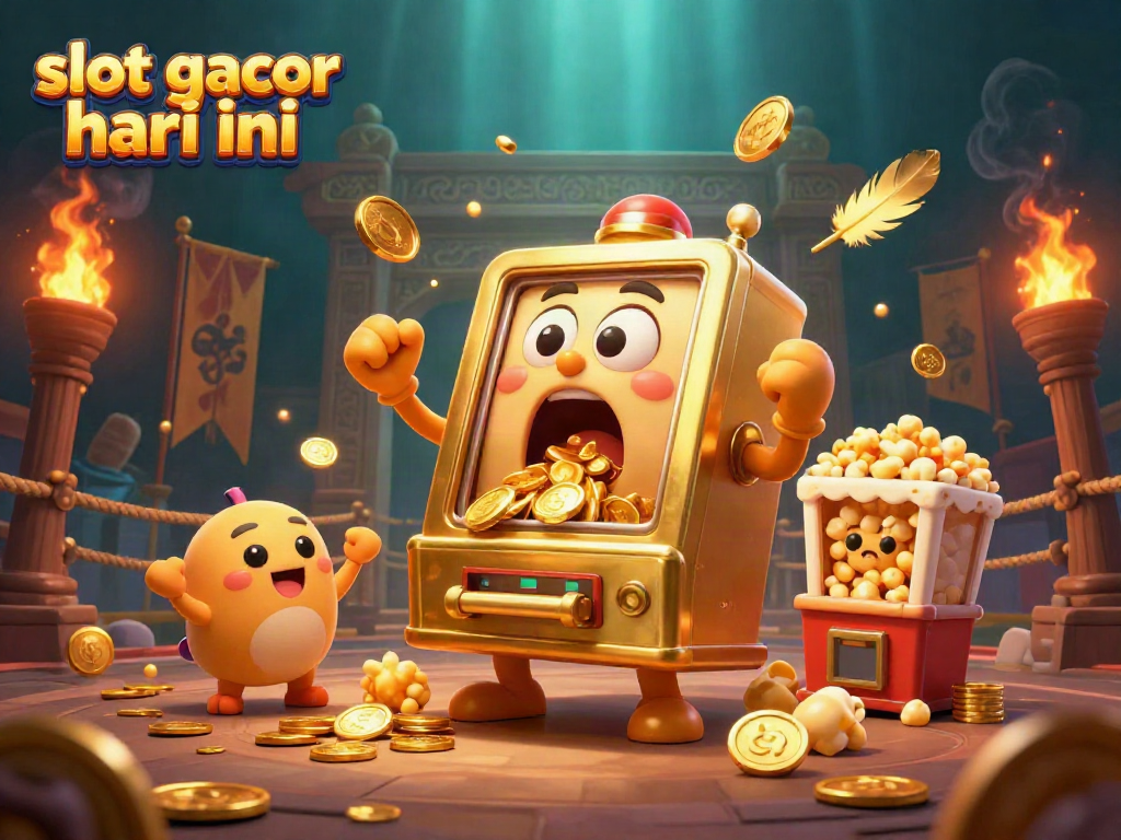 Slot gacor hari ini, mesin slot emas kartun yang terkejut dengan koin, dikelilingi elemen kasino.