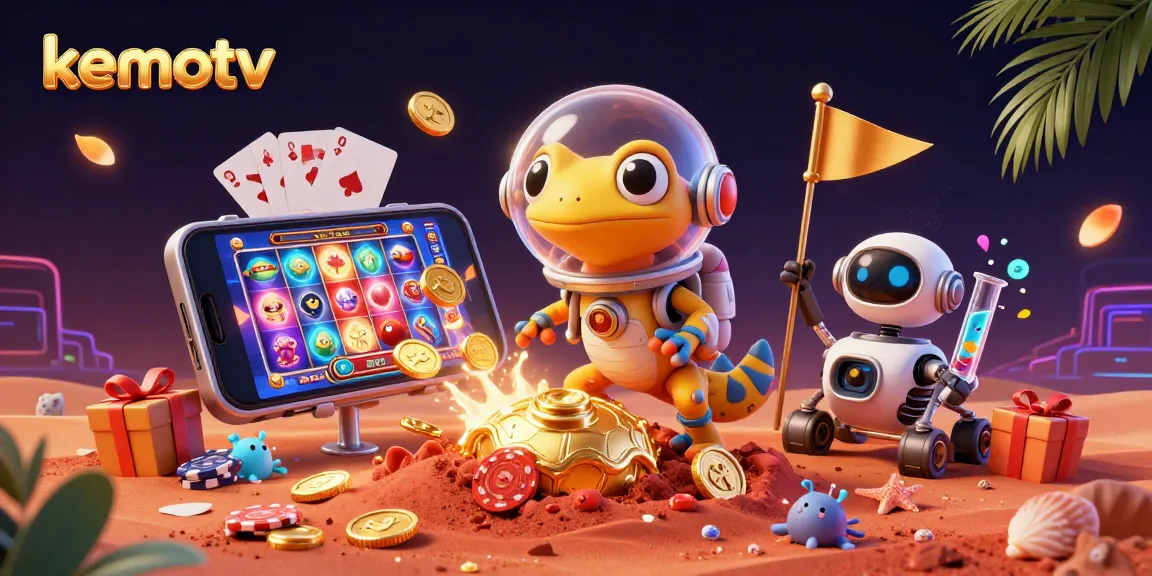 KemoTV showcases a Martian gecko discovering a golden casino with vibrant gambling elements.