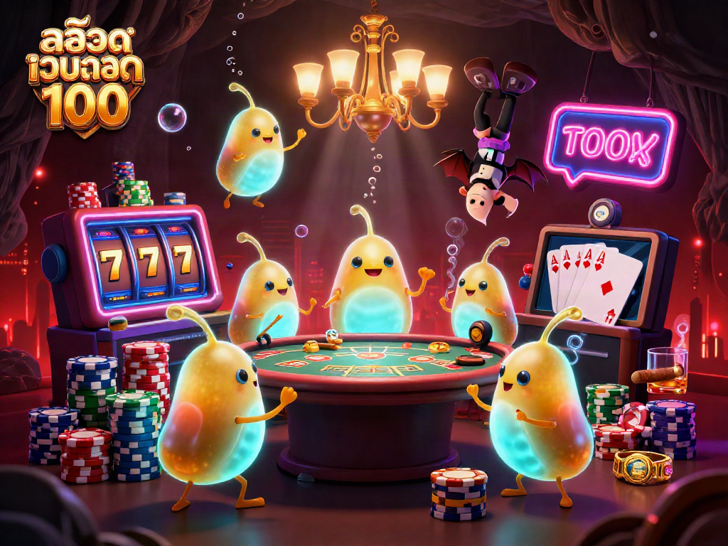 Experience the excitement of สล็อตเว็บตรง100 in a vibrant cave casino scene filled with lively glowworms.