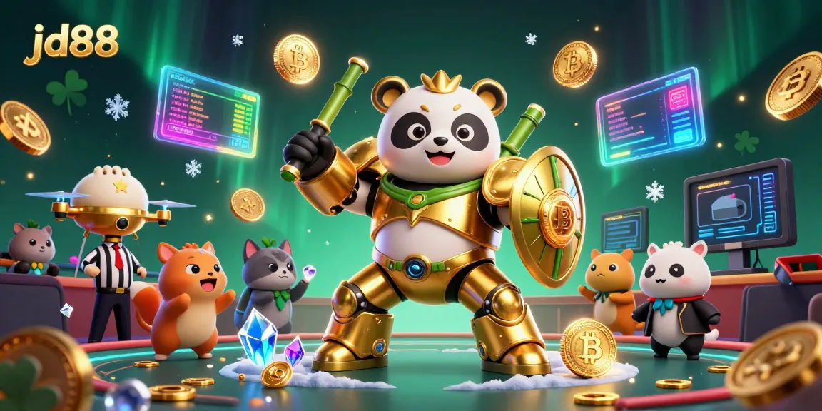 Engage with jd88 in an exciting 3D casino scene featuring a mech-suit panda amidst vibrant game elements.