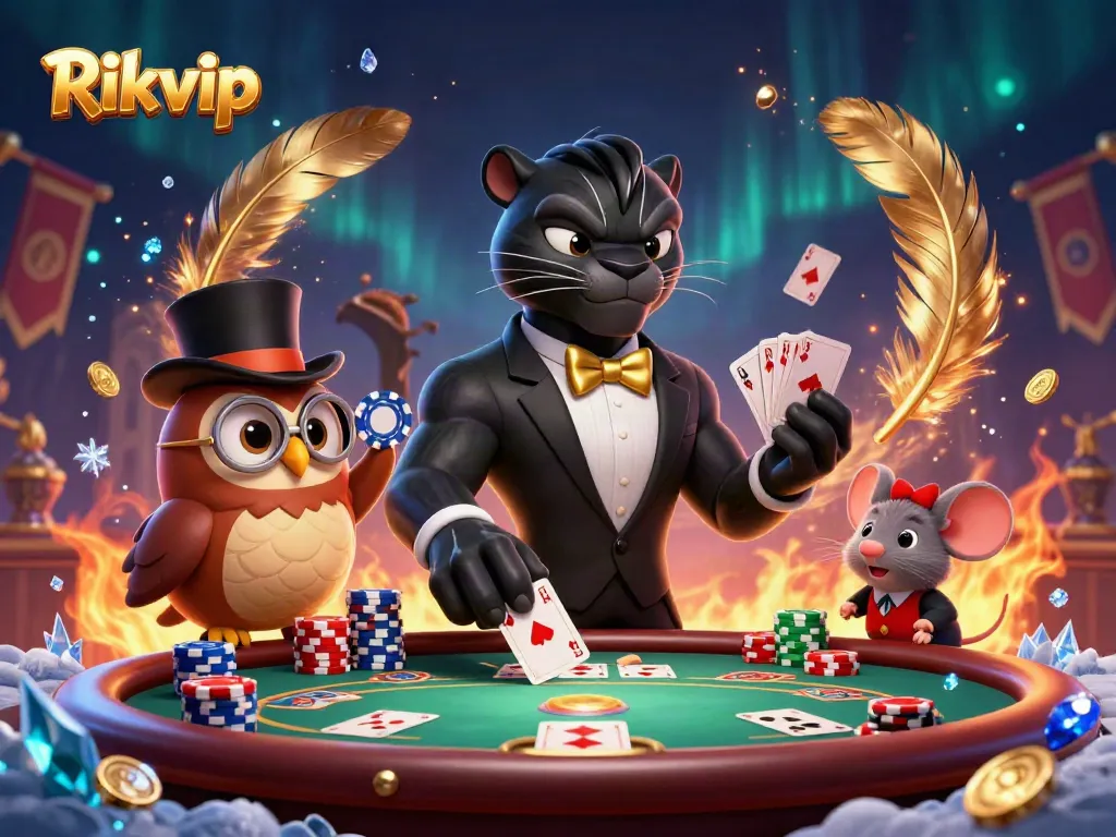 Rikvip showcases an engaging scene with a black panther dealer, owl with poker chips, and a lucky mouse at a vibrant poker table.