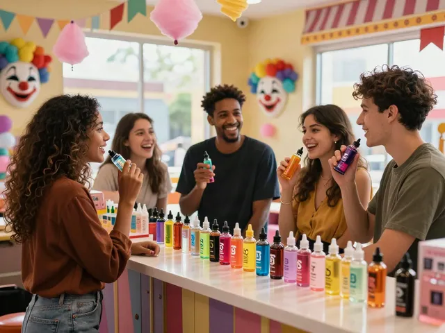 Group enjoying clown e liquid flavors in a vibrant vape shop atmosphere.