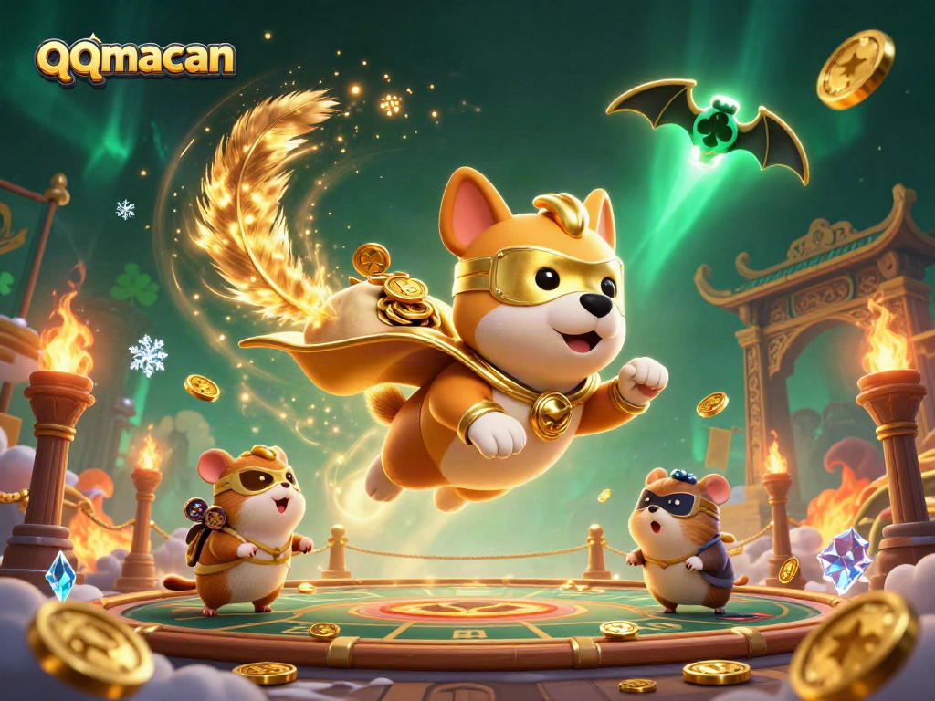 Bet big with qqmacan while the superhero dog flies through a vibrant casino realm.