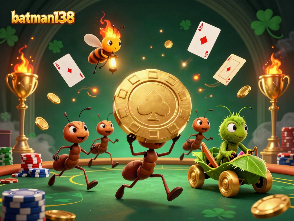 Experience the excitement of batman138 with a whimsical heist scene featuring animated ants and golden poker elements.