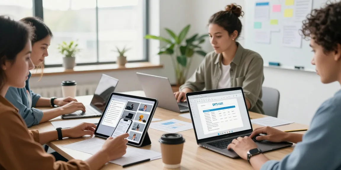 多个设备实时编辑的办公环境，展示WPS Office 下载的便利，团队高效合作。