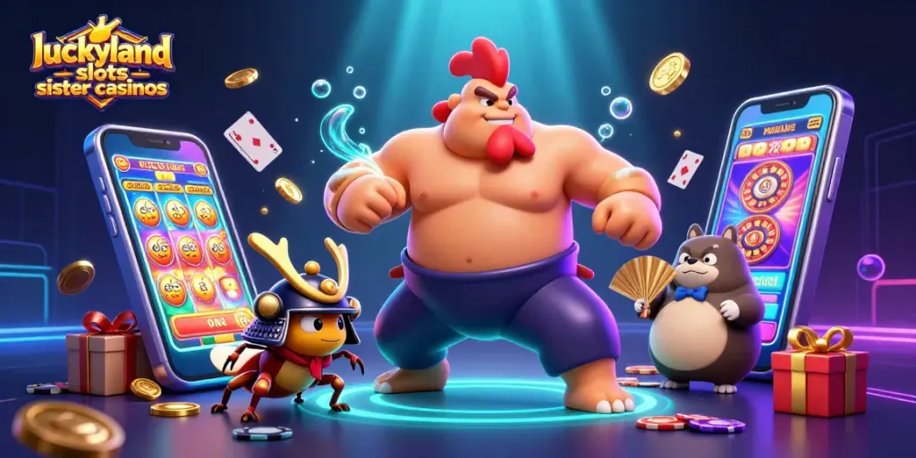Engage with luckyland slots sister casinos through an exciting gaming experience featuring cartoon characters amidst vibrant slot elements.