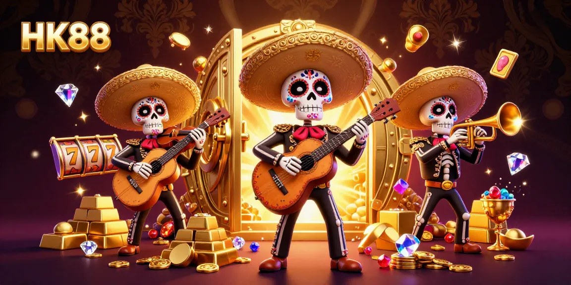 Experience thrilling jackpots at HK88 with a vibrant mariachi band amidst gold treasures.