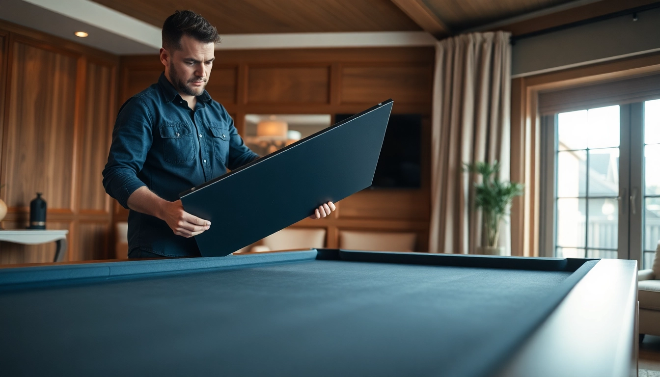 Pool table mover carefully disassembling a slate pool table in a game room