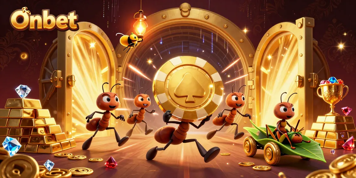 Onbet's 3D cartoon heist scene reveals ants carrying a giant poker chip amidst piles of treasure.
