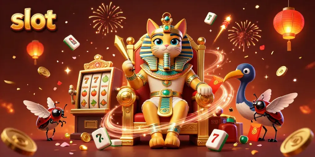Memainkan slot dengan simbol keberuntungan di antara kucing firaun dan lanskap meriah.