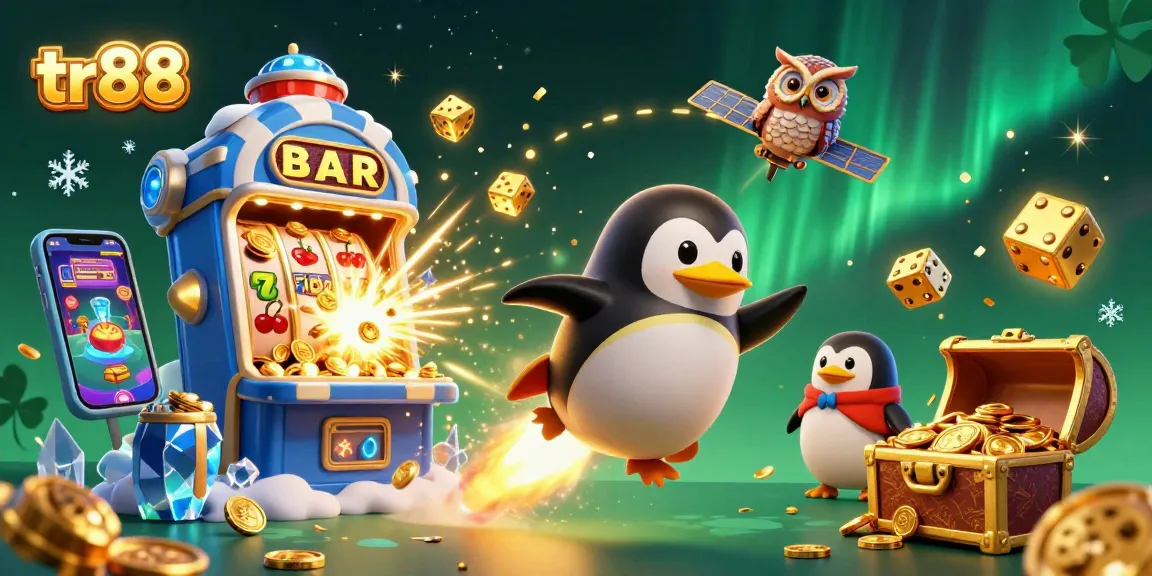 Experience tr88's excitement with a 3D cartoon penguin in space, surrounded by casino symbols and treasures.