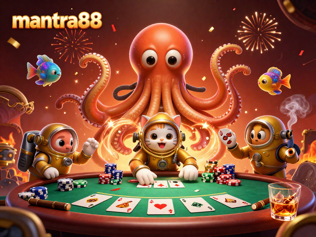 Join the excitement at mantra88 with a mythical kraken, a diving cat, and lively poker elements!