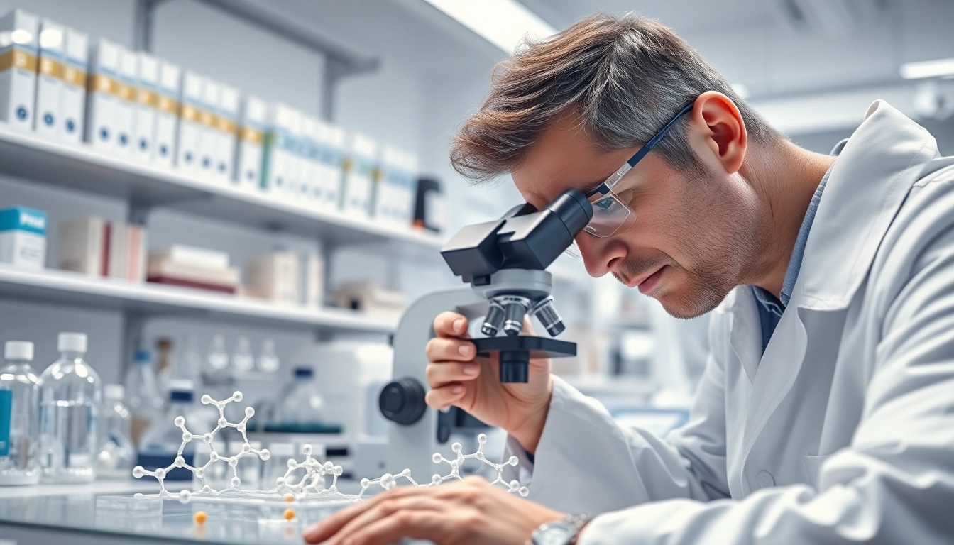 Investigation of peptideprice in advanced peptide research laboratory setting with focused scientist.
