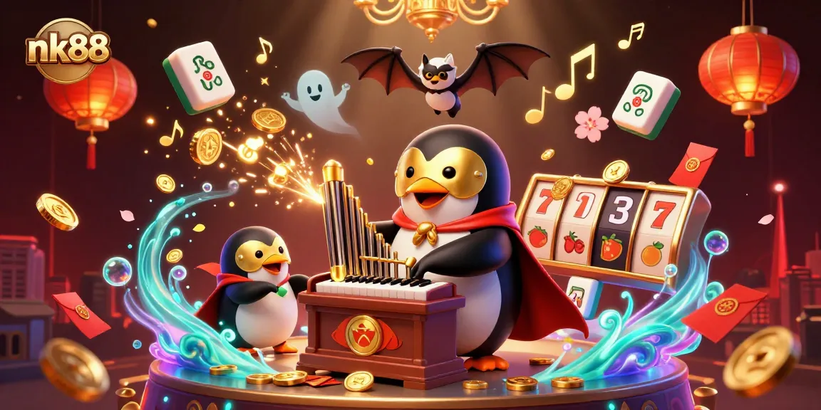 Experience vibrant gameplay with nk88 featuring a phantom penguin and a bat acrobat in a thrilling casino scene.